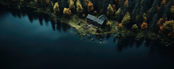 Aerial view of wooden cottage in forest near the lake. Generative ai - obrazy, fototapety, plakaty