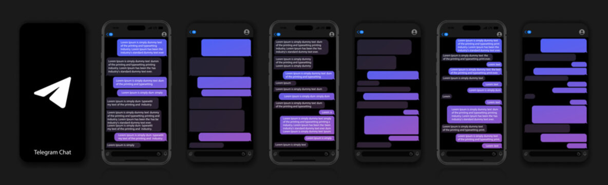Telegram mockup on a black background. Telegram on social media screen. Social network interface template. Telegram photo frame. Voice messages and chats on the iphone screen.
