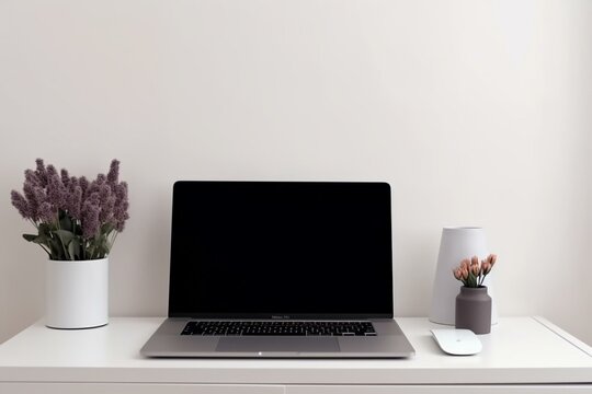 Front view of modern laptop with blank black monitor on white table among stand, vase, and light wall background. Generative AI