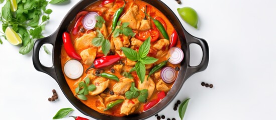Top view of Thai red chicken curry with vegetables in a cooking pan on a white stone background