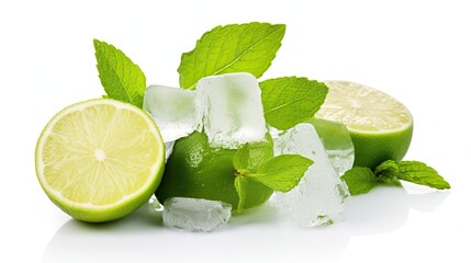 Green Lime Slices, Mint Leaves, and Ice Cubes on White