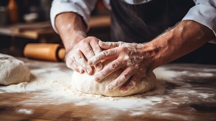 Fototapeta premium Man's Hands Kneading Pizza or Pasta Dough with Flour