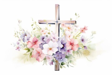 Artwork of watercolor wildflowers on a cross, featuring meadow florals for religious occasions like baptism or Easter, as well as rustic wedding cards. Generative AI - obrazy, fototapety, plakaty
