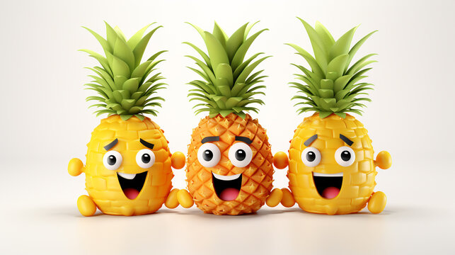 Funny juicy tropical pineapple fruits cartoon characters with tufts of fresh green leaves on tops