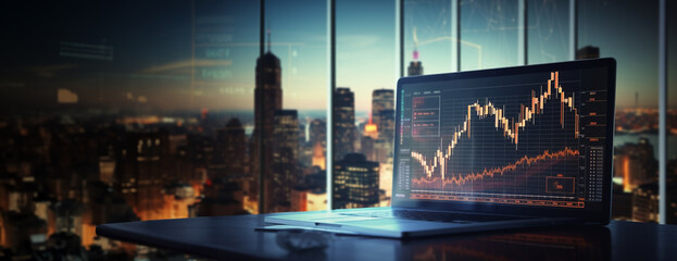Creative workplace with forex chart on window with night city view. Trade and finance concept - Powered by Adobe