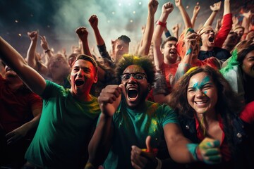 Group of football fans are cheering for their team victory mix colour t shirt. Generative ai