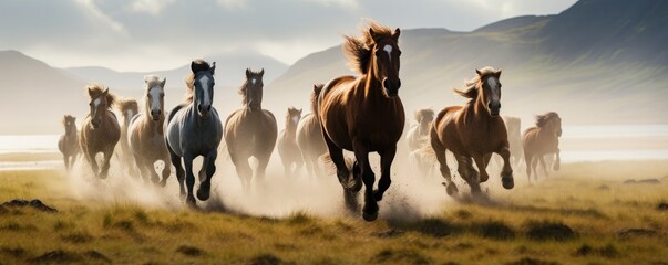  A herd of iceland horses in iceland landscape. generative ai - obrazy, fototapety, plakaty