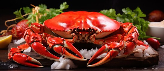 Fresh red crab on a wooden cutting board in a seafood restaurant kitchen