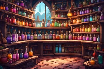 A magical potion shop with shelves of colorful, bubbling elixirs - obrazy, fototapety, plakaty