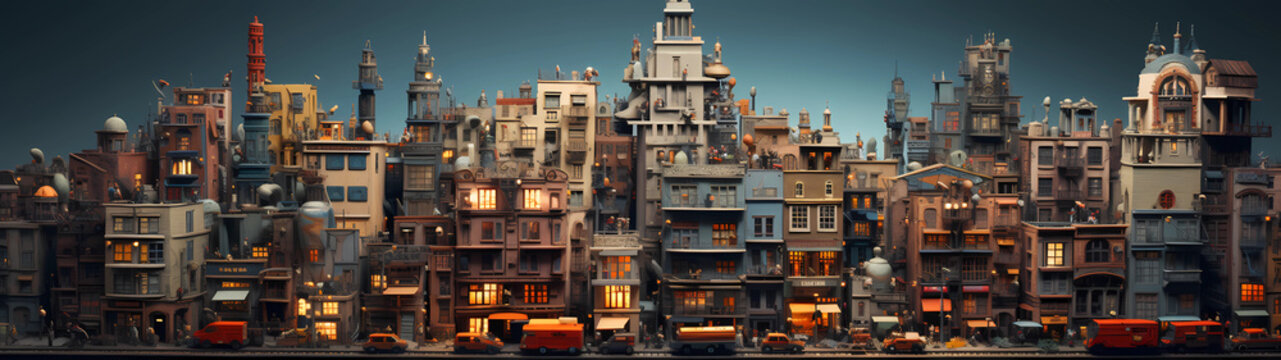 Fantastical Ultra-wide cityscape, buildings are skewed, a surreal urban realm where the laws of architecture yield to boundless imagination, creating a mind-bending and whimsical metropolis