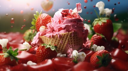 Ice cream with freshly plucked strawberries Created with AI Created with AI