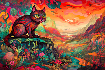 Psychedelic landscape with a cat. Generative ai