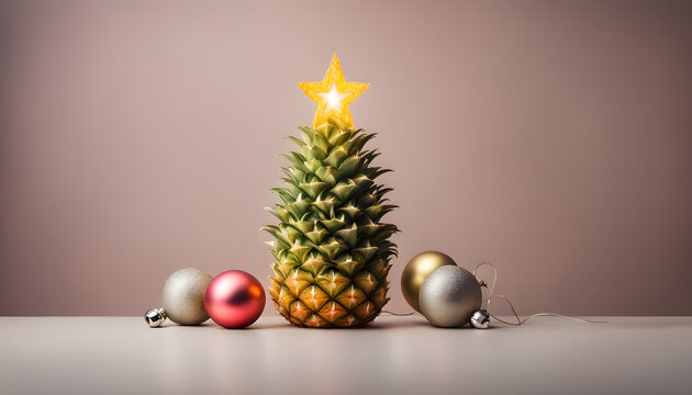 Christmas tree made of pineapple and christmas bauble decoration.