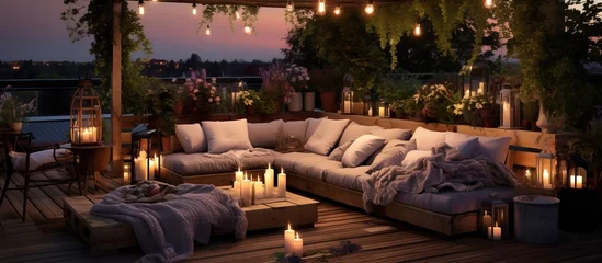 Fotobehang Charming rooftop on a summer evening with wooden pallet furniture vertical garden and inflatable pool © AkuAku