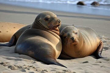 Fototapeta premium Beach sight: cuddling sea lions. Generative AI
