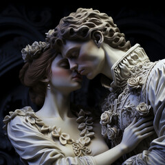 a statue of a couple embracing and holding each other closely on black background, Valentine's Day, love and passion, anniversary, marriage - obrazy, fototapety, plakaty