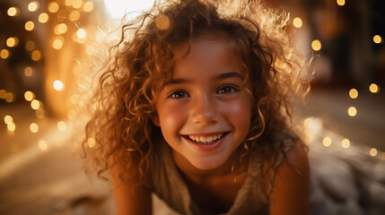 Portrait of a little happy girl on a blurred background, beautiful lighting.