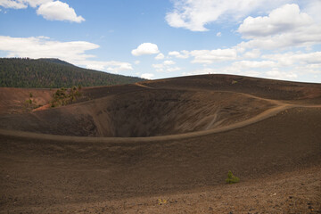 View into Cinder Cone Volcano and curvy Rim Trail, Lassen Volcanic National Park, California