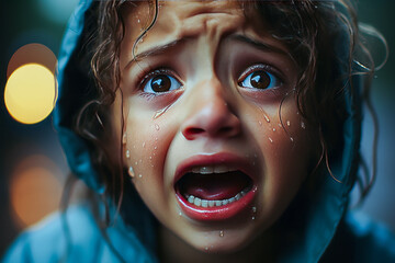 Dramatic close-up of surprised little girl in rain, fear evident in eyes.