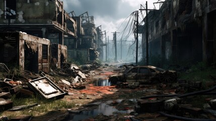 Virtual reality game world in a post-apocalyptic wasteland with crumbling buildings, overgrown vegetation, and desolate atmosphere