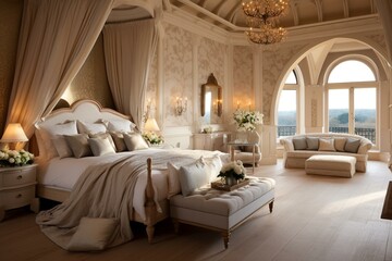 Contemporary opulent bedroom with luxurious king-size bed and an airy castle setting. Generative AI - obrazy, fototapety, plakaty