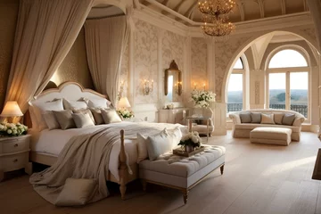 Fotobehang Contemporary opulent bedroom with luxurious king-size bed and an airy castle setting. Generative AI © Astraea