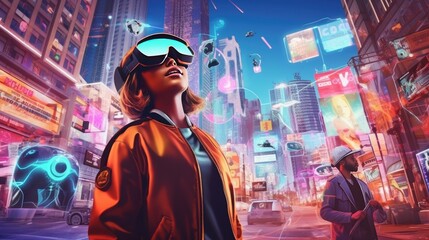Futuristic city with towering skyscrapers, neon lights, and holographic ads. Bustling streets filled with flying cars and people wearing AR headsets. A digital landscape showcasing the urban life of 