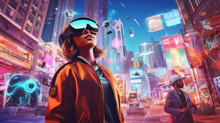 Papier Peint photo Violet Futuristic city with towering skyscrapers, neon lights, and holographic ads. Bustling streets filled with flying cars and people wearing AR headsets. A digital landscape showcasing the urban life of 