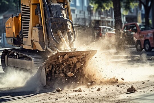 A hydraulic jackhammer demolishing road, causing sparks and dust as it breaks concrete. Construction repairs in progress. Generative AI