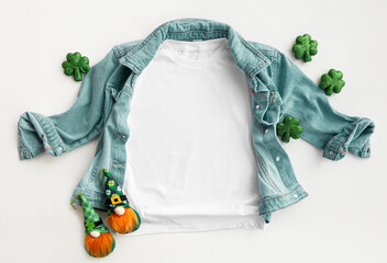 Blank White Toddler Tshirt Mockup. Saint Patricks Day t shirt flat top view. St patrick day  Copy...