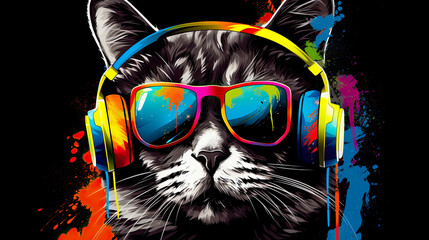 Cat with sunglasses and headphones in pop art style. Colorful background.