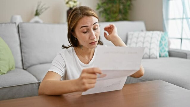 Young woman reading document sitting on floor looking upset at home