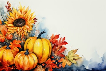 Naklejka na ściany i meble Watercolor pumpkins, sunflower and maple leaves on a white background, side view. Thanksgiving Day