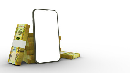 3D rendering of a mobile phone with  blank screen and stacks of Solomon Islands Dollar notes behind isolated on transparent background.