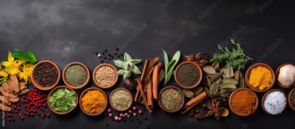 Poster High quality photo of herbs and spices for cooking on a dark background with copy space for a mock up banner