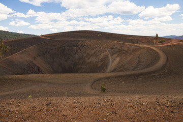 View into Cinder Cone Volcano and curvy Rim Trail, Lassen Volcanic National Park, California