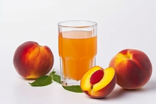 fresh peach slices with juice, on a white background. Generative AI