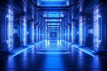 Futuristic neon server room in blue. Generative AI