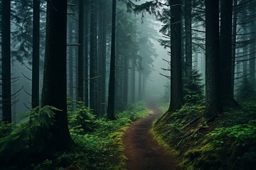 A misty forest trail with a distant walker amidst tall trees and grassy path. Generative AI