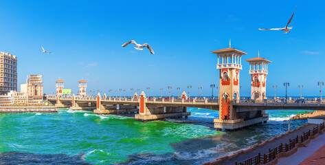 View of Stanley Bridge over the Mediterranean Sea and the harbour of Alexandria, Egypt