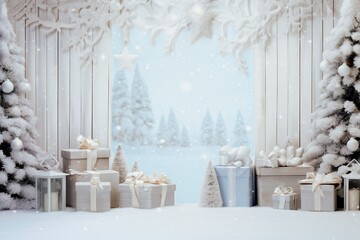 White Christmas banner with gifts and Christmas tree with copy space