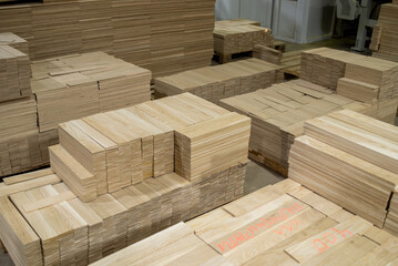 Finished wooden planks. Production of wooden parts. Modern production technologies. Woodworking industry