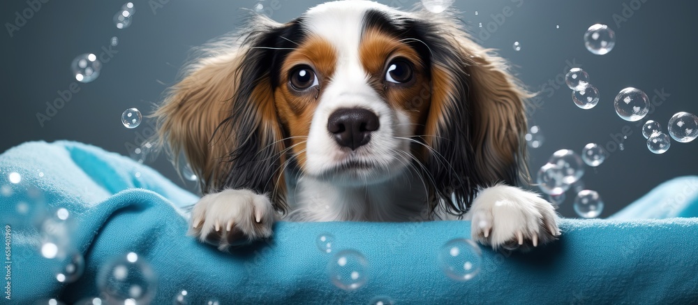 Poster dog bathed with bubbles grooming theme space for text