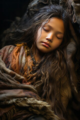 Touching image of an impoverished little Asian girl asleep amidst antique textiles.
