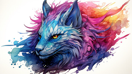 a colorful wolf head with a bright blue and purple hue