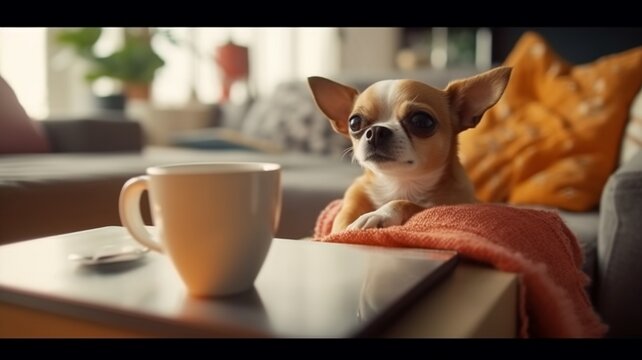 Cute dog working on laptop with coffee cup picture AI Generated art