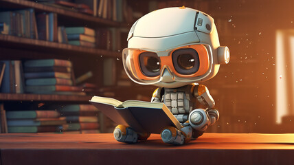 a little robot reading a book in a library