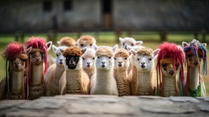 Cute herd of colorful llamas in the andes - obrazy, fototapety, plakaty