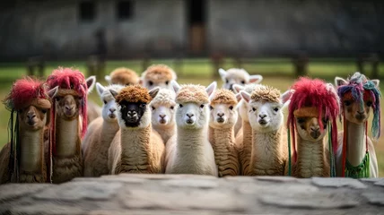 Fototapeten Cute herd of colorful llamas in the andes © Eyepenguin61
