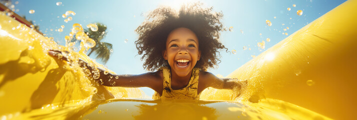 banner african American girl having fun laughing slides down on yellow water slide in aquapark, summer holiday and vacations.